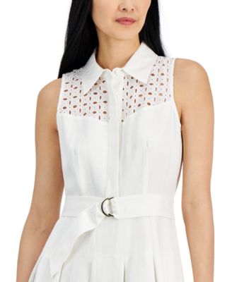 Anne Klein Women's Linen-Blend Eyelet-Embroidered Belted Pleated Dress -  Macy's