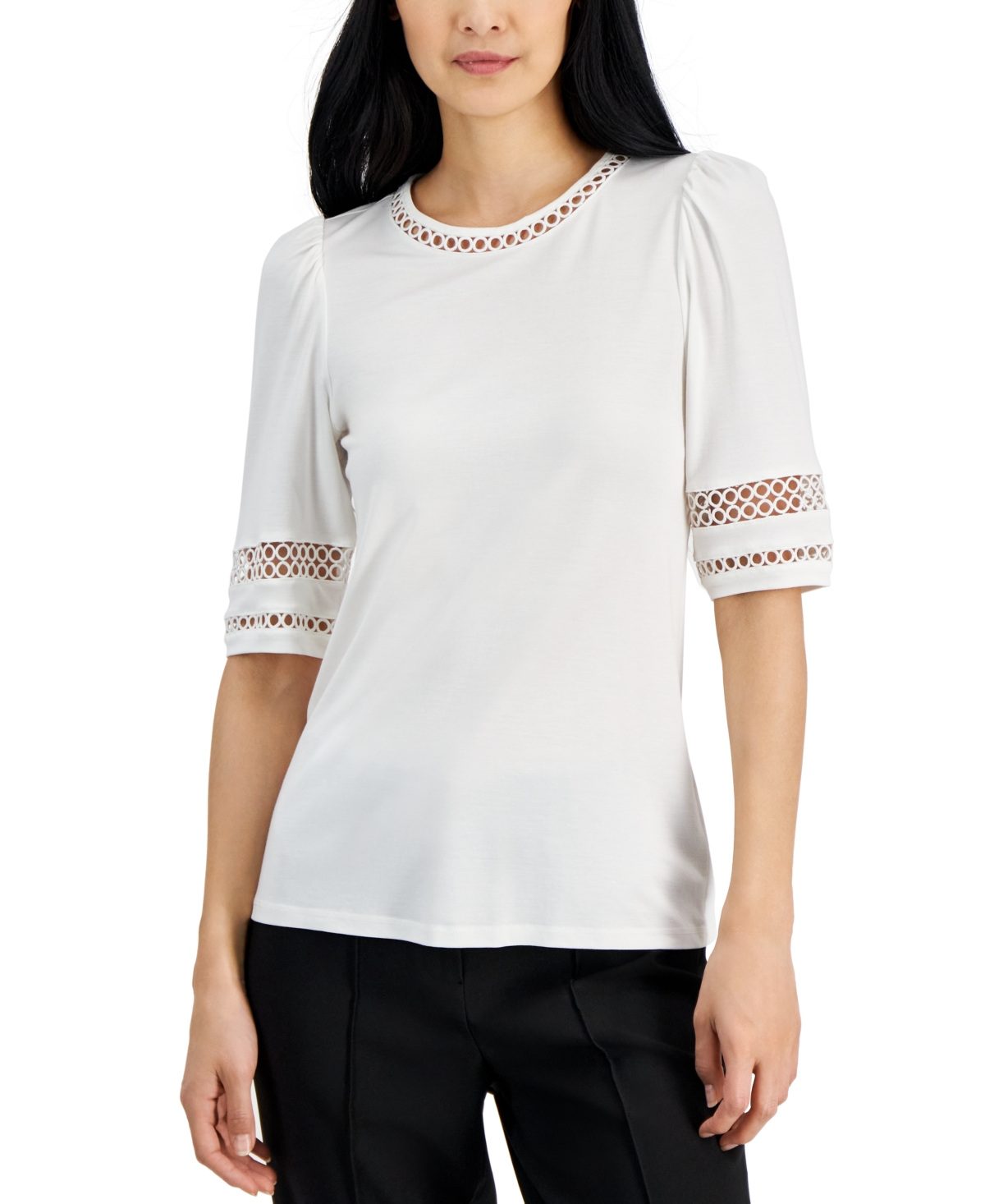 Women's Harmony Lace-Inset Elbow-Sleeve Top - Bright Whi