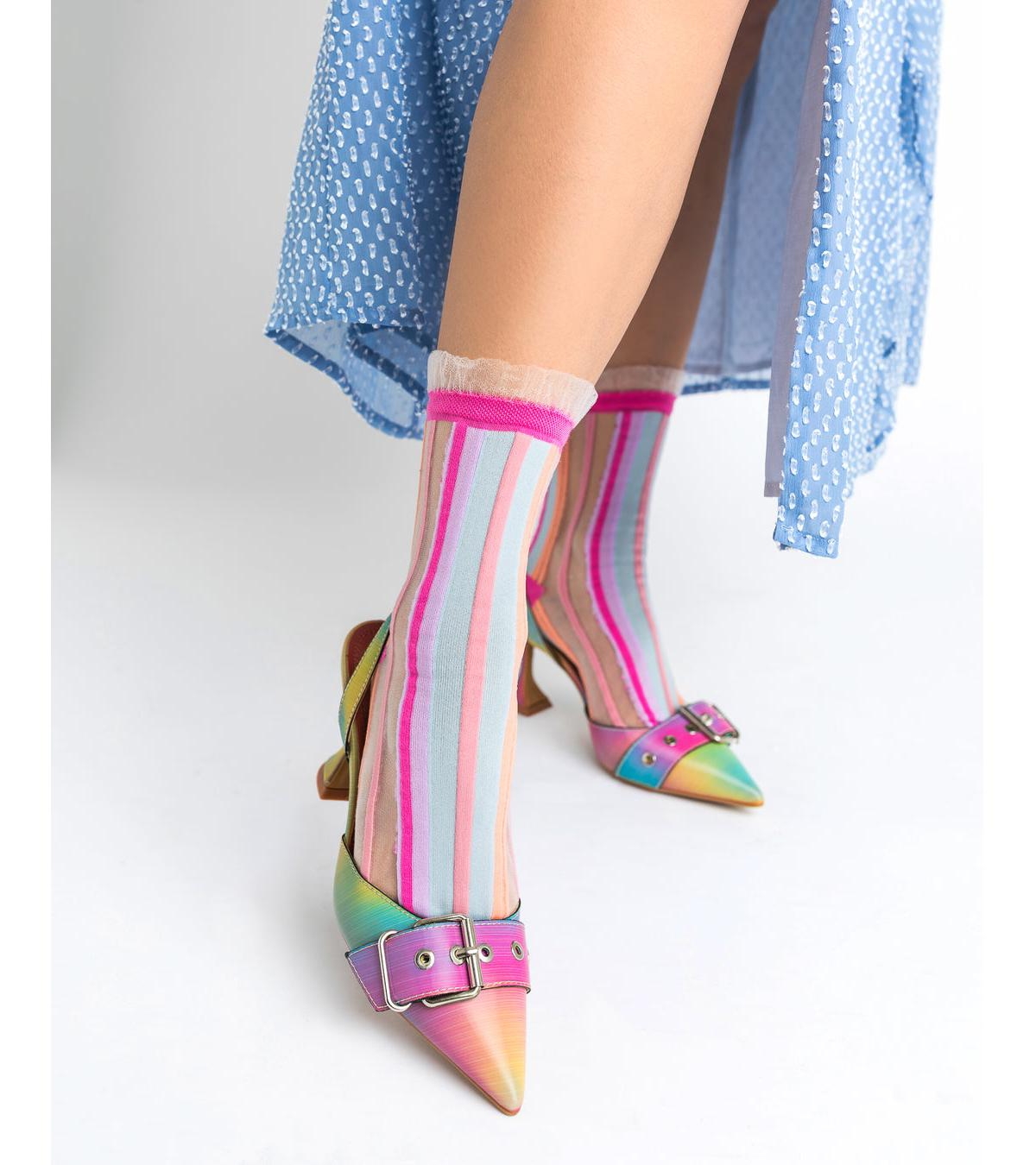 Shop Sock Candy Women's Candy Stripe Ruffle Sheer Sock In Stripes