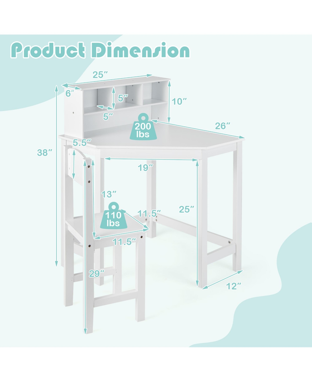 Kids Corner Desk & Chair Set Wooden Study Writing Workstation