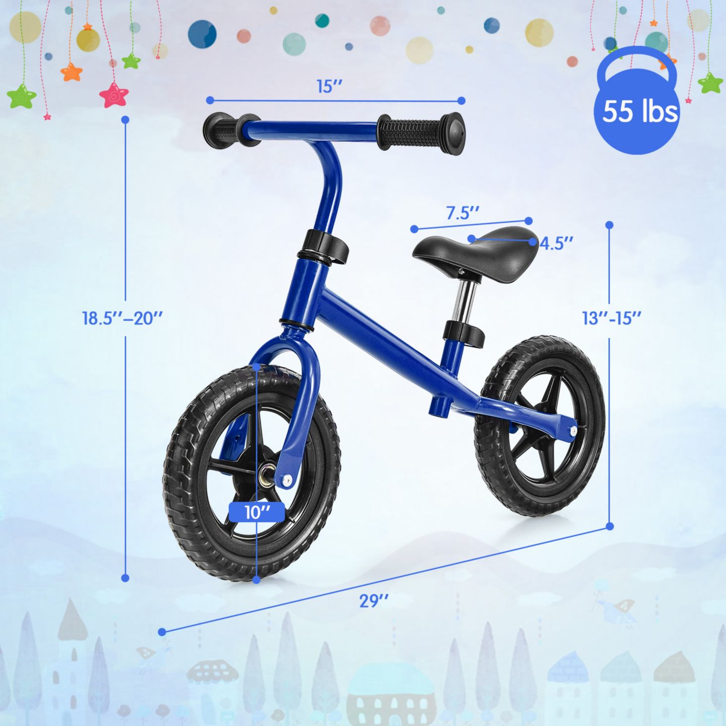 Детская игрушка Costway Kids' Lightweight No-Pedal Adjustable Balance Bike, 55 lb. Weight Capacity, от 2 лет, цвет: Синий — фото 3