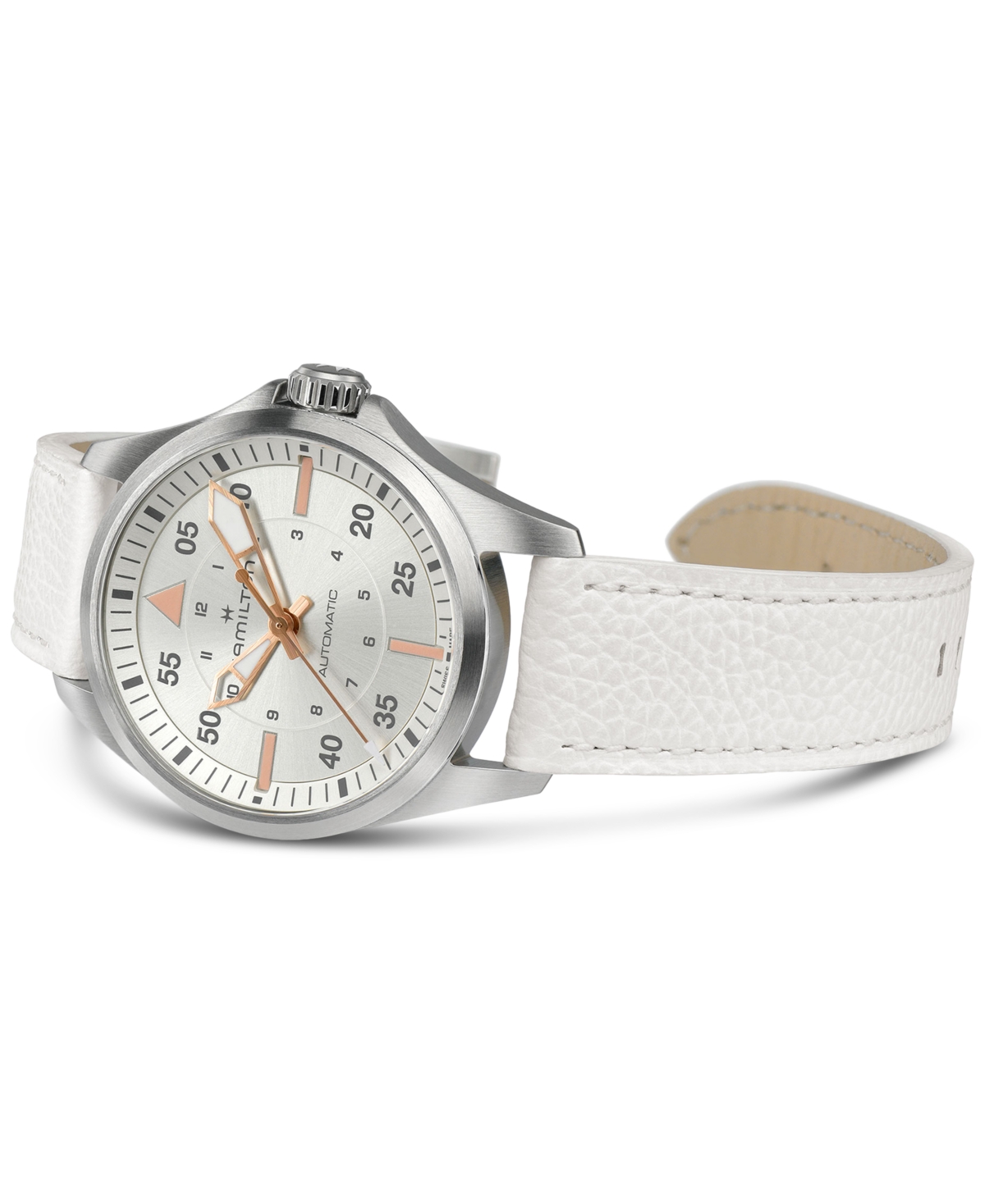 Shop Hamilton Women's Swiss Automatic Khaki Aviation White Leather Strap Watch 36mm
