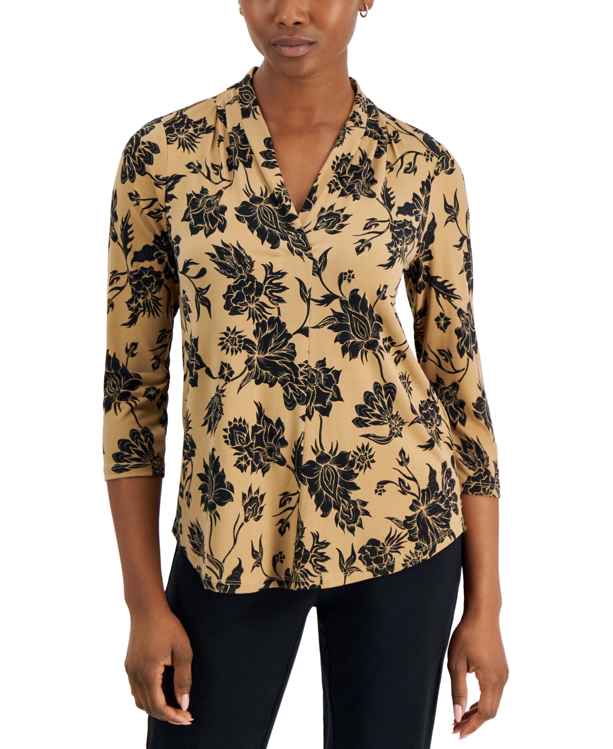 Jm Collection Petite Elena Floral V-neck Top, Created For Macy's In Burnt Toffee Combo