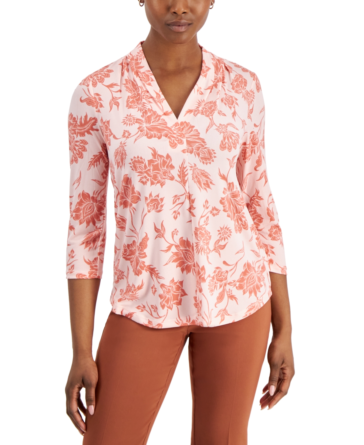 Jm Collection Petite Elena Floral V-neck Top, Created For Macy's In Rose Tint Combo