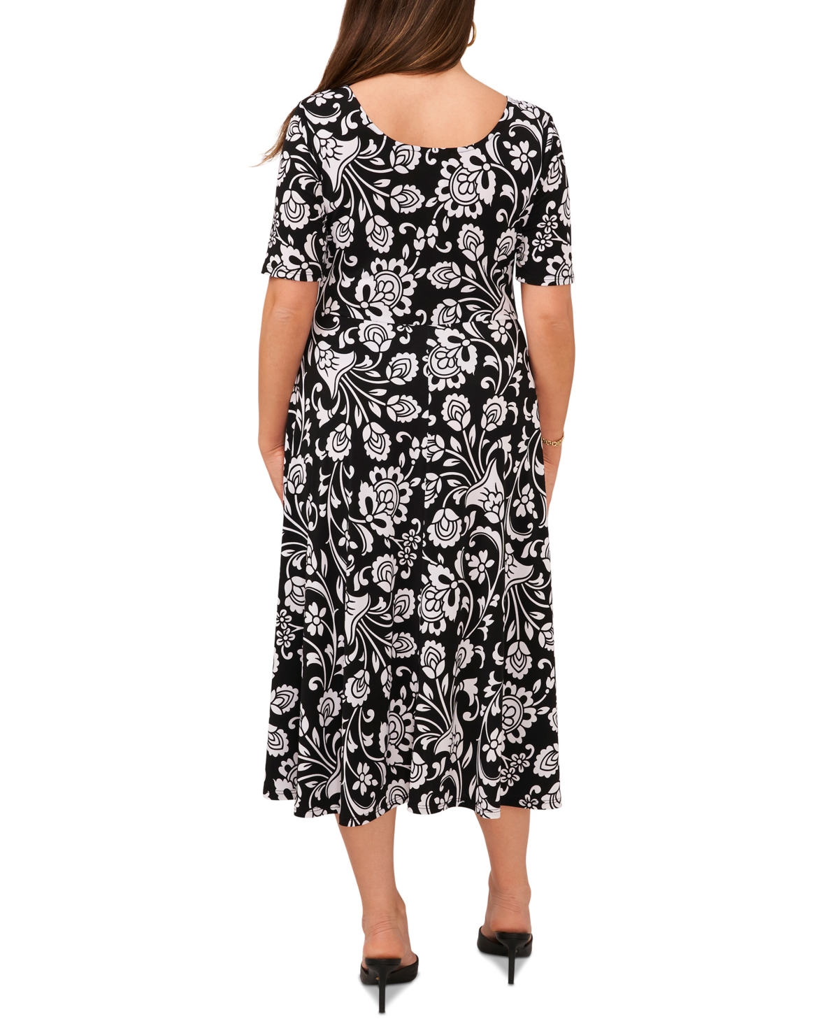 Shop Msk Petite Floral Elbow-sleeve Pullover Midi Dress In Rich Black