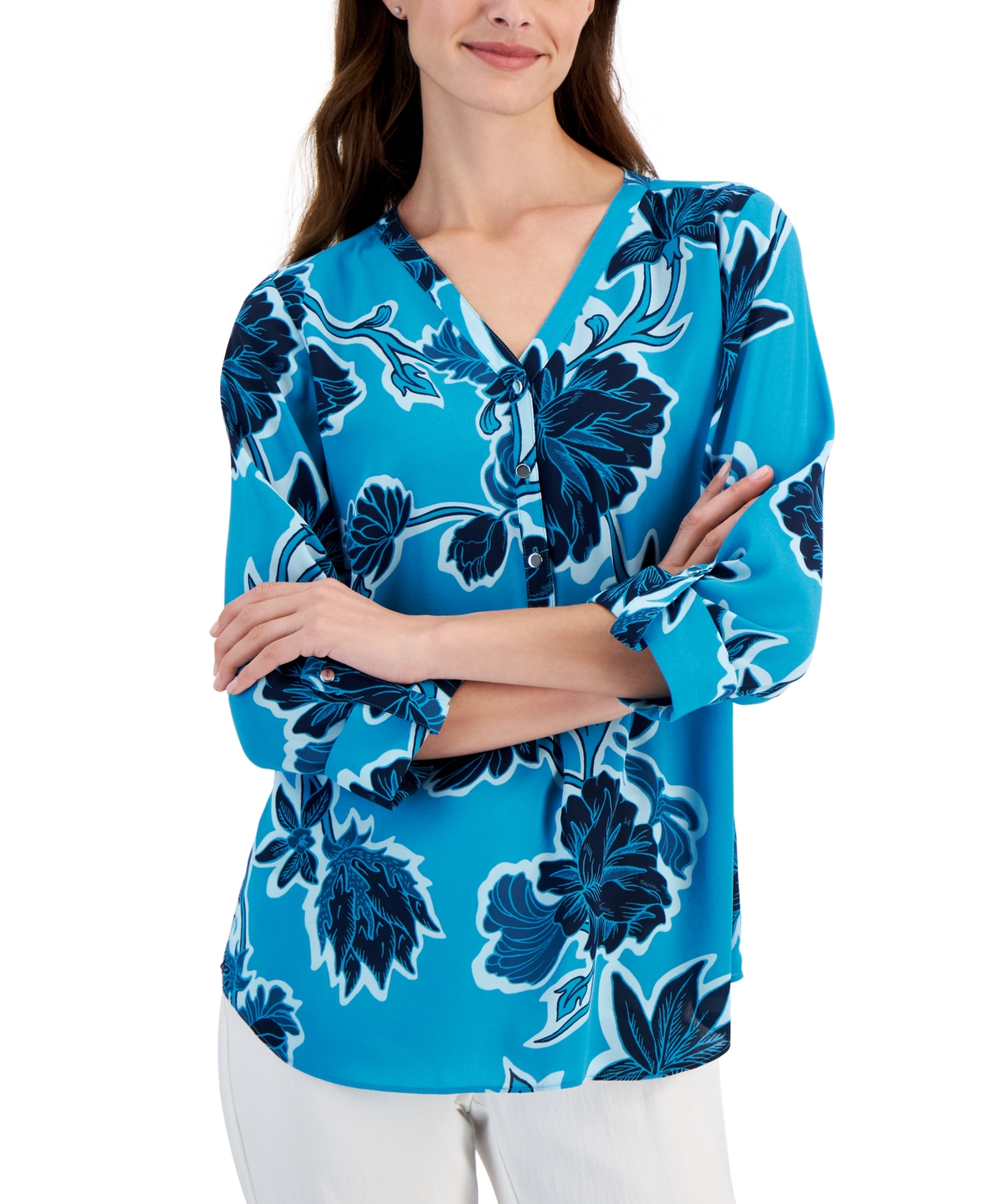 Petite Felicia Floral Roll-Tab Blouse, Created for Macy's - Seafrost Combo