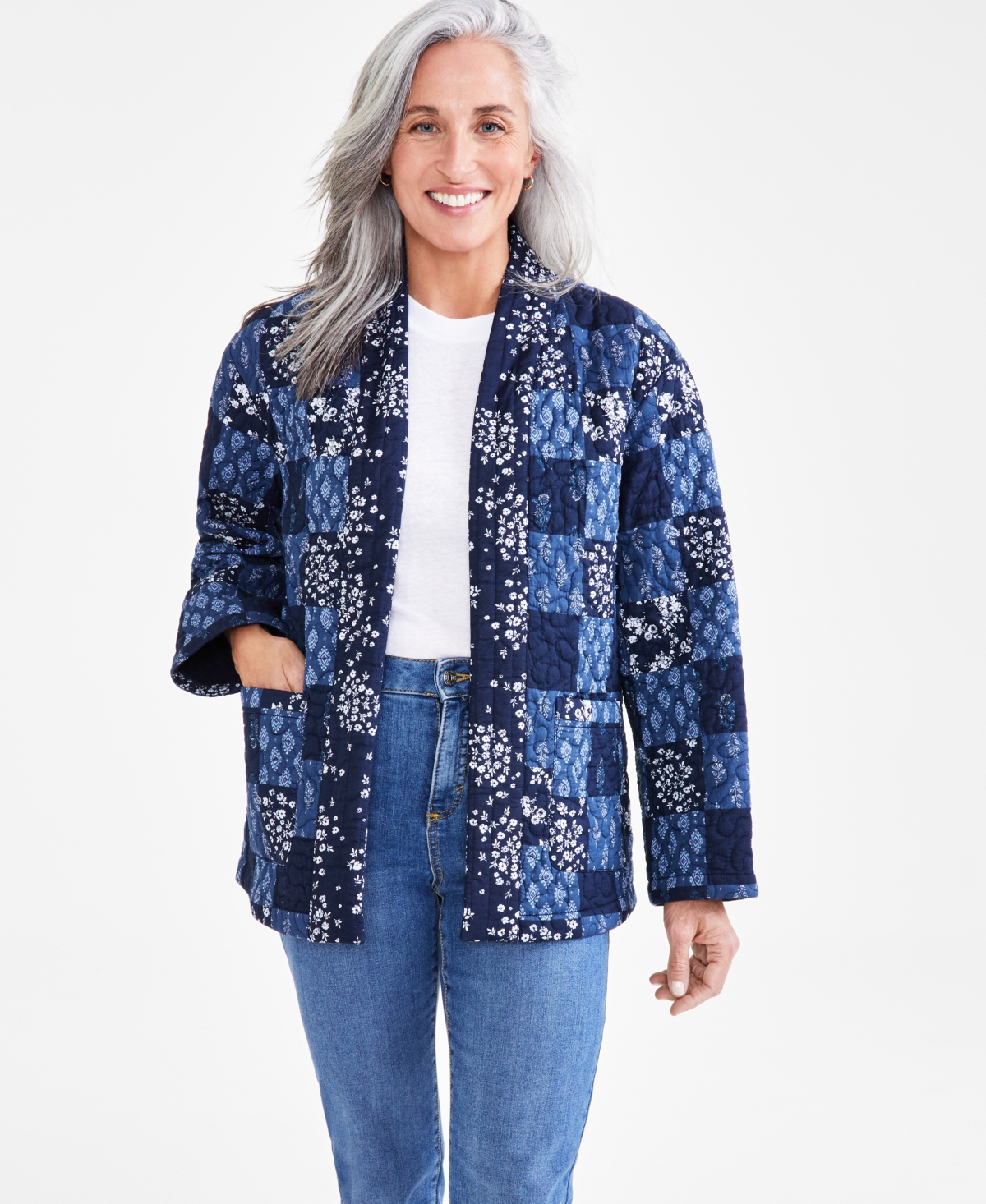 Style & Co Petite Cotton Quilted Patchwork Jacket, Created For Macy's In Patchwork Blue