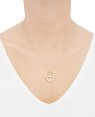 Lab-Grown Opal Cross in Heart 18" Pendant Necklace (1/8 ct. t.w.) in 14k Gold-Plated Sterling Silver