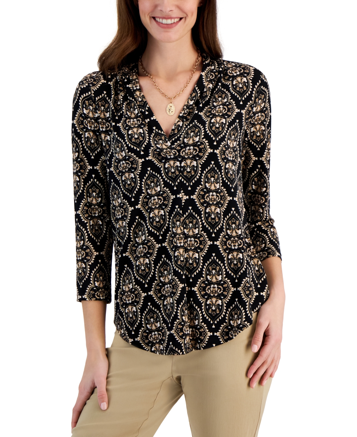 Women's Printed 3/4 Sleeve V-Neck Knit Top, Created for Macy's - Intrepid Blue Combo