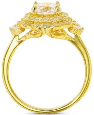 Cubic Zirconia Hexagon Halo Ring in 14k Gold-Plated Sterling Silver