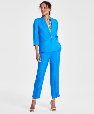 Kasper Womens Notched Collar 3 4 Sleeve Jacket Printed Knot Front Blouse Mid Rise Straight Leg Ankle Pants In Riviera