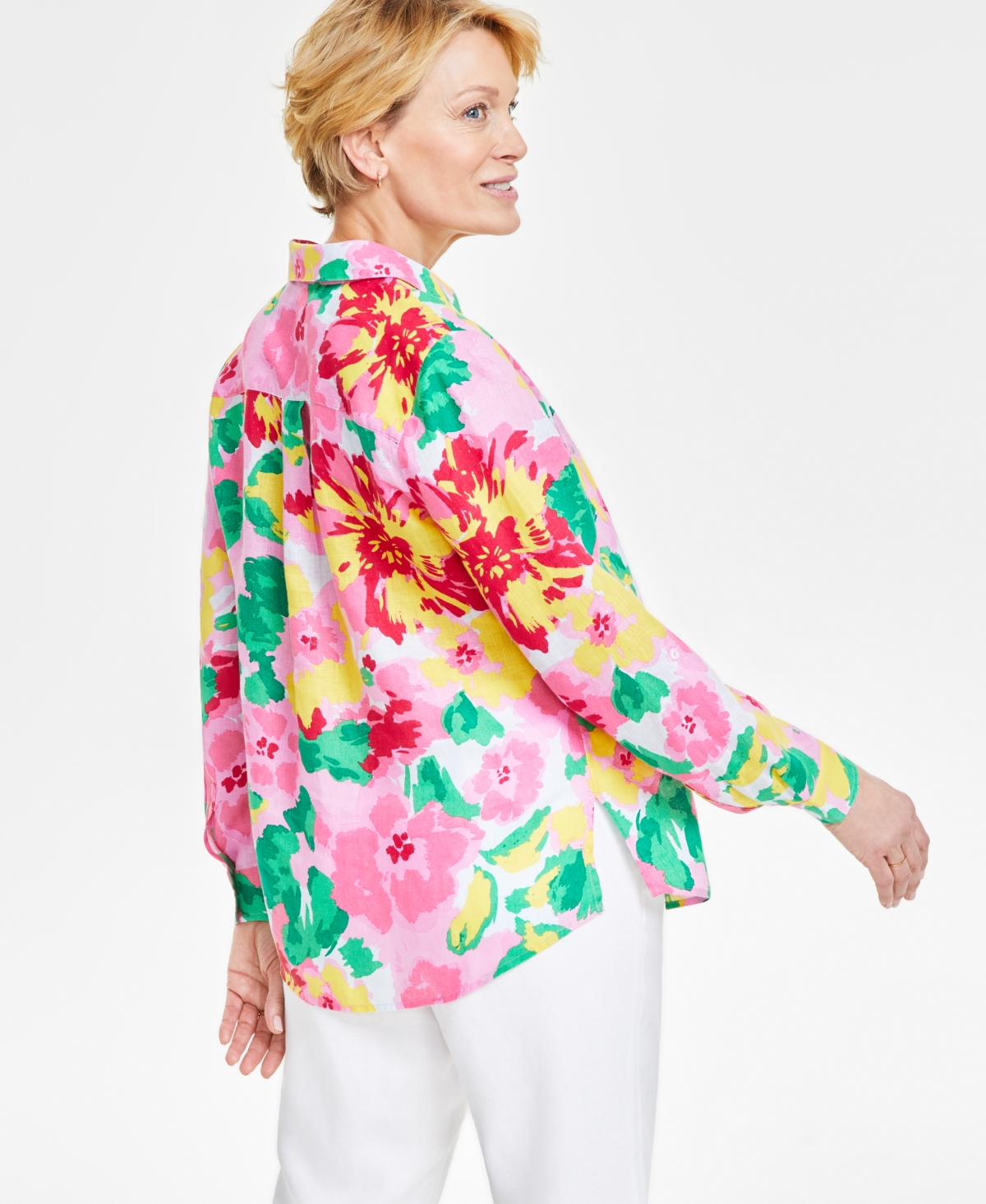 Shop Charter Club Women's 100% Linen Garden Blur Printed Shirt, Created For Macy's In Bubble Bath Combo