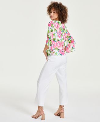 Shop Kasper Womens Floral Print Blouse Ankle Pants In Lily White
