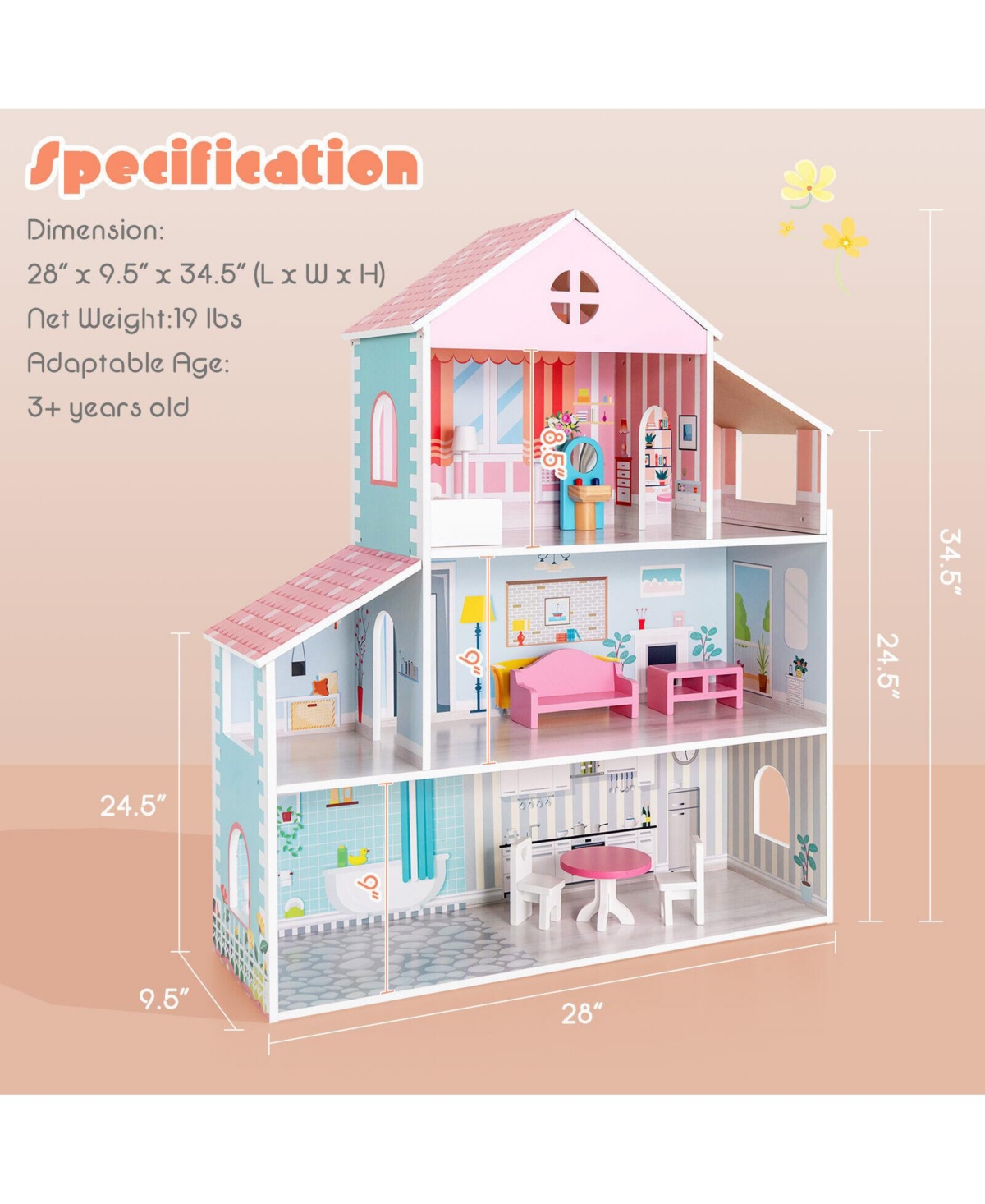 Inolait 3-Tier Toddler Doll House with Furniture Gift for Age over 3
