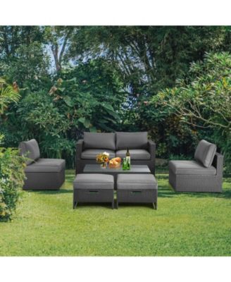 6 Pieces Patio Rattan Furniture Set with Glass Table and Cushioned Seat