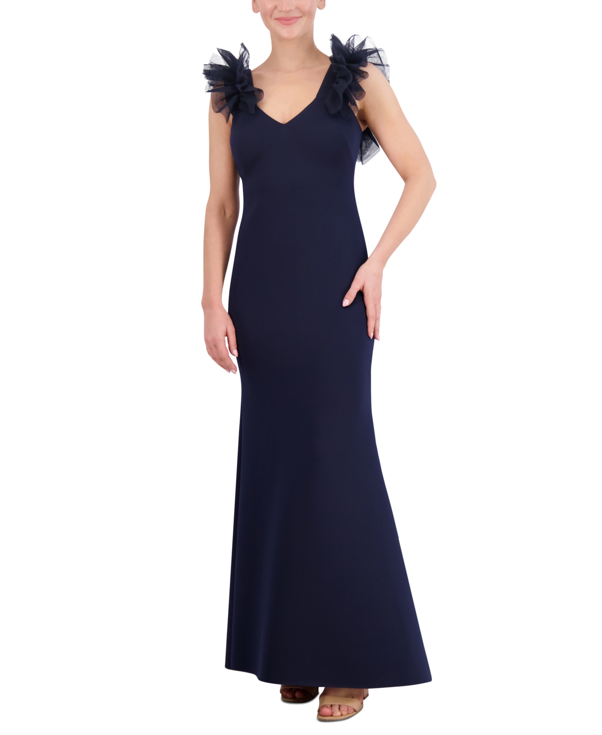 Eliza J Petite Ruffled Tulle-trim Gown In Navy