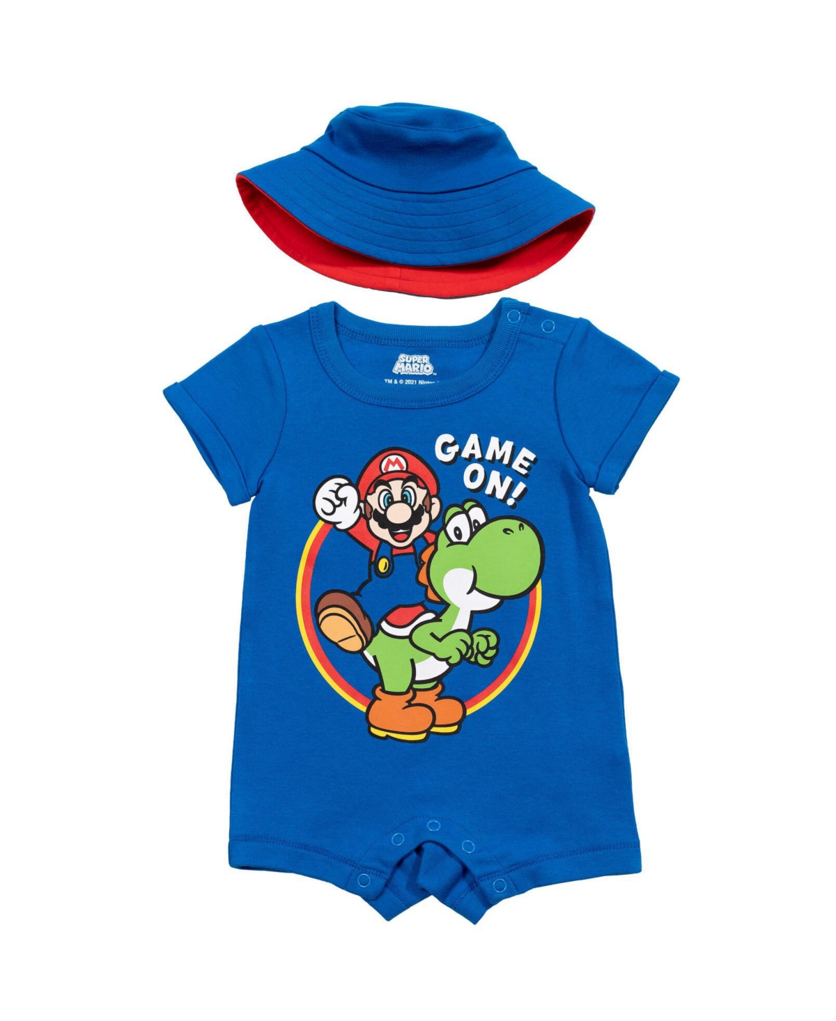Super Mario Nintendo Mario Yoshi Baby Boys Romper and Bucket Sun Hat -/ red