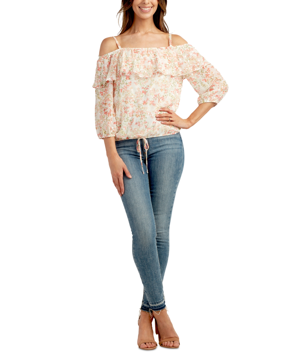 Shop Bcx Juniors' Embroidered Off-the-shoulder Ruffle Top In Pat B