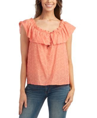 BCX - Juniors' Floral Embroidered Ruffle-Trim Scoop Neck Top