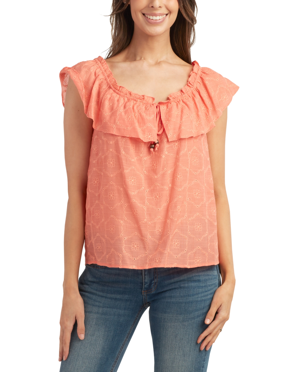 Juniors' Floral Embroidered Ruffle-Trim Scoop Neck Top - Color