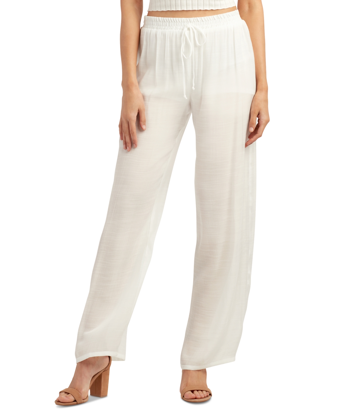 Shop Bcx Juniors' Mid-rise Pull-on Wide-leg Pants In Off White