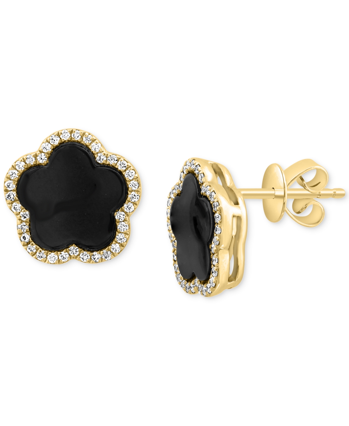 Shop Effy Collection Effy Onyx & Diamond (1/5 Ct. T.w.) Flower Halo Stud Earrings In 14k Gold In Yellow Gold