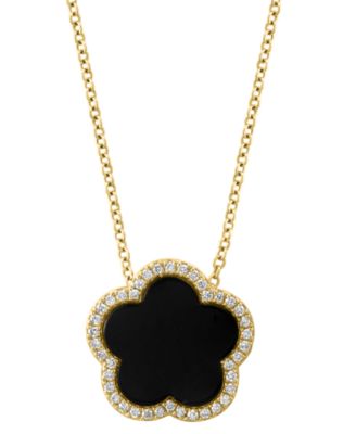 EFFY&reg; Malachite & Diamond (1/6 ct. t.w.) Flower Halo 18" Pendant Necklace in 14k Gold (Also in Onyx)