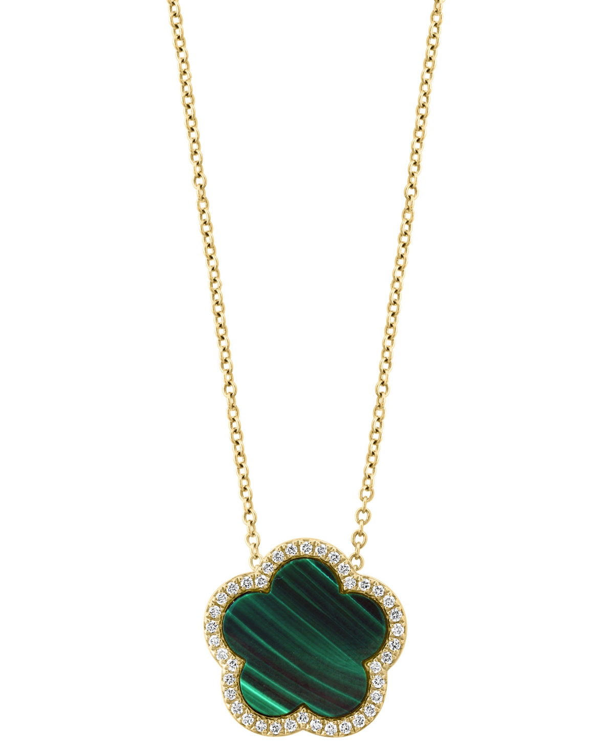 Shop Effy Collection Effy Malachite & Diamond (1/6 Ct. T.w.) Flower Halo 18" Pendant Necklace In 14k Gold In Yellow Gold
