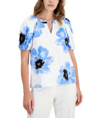 Anne Klein - Petite Floral-Print Raglan Puff-Sleeve V-Neck Blouse