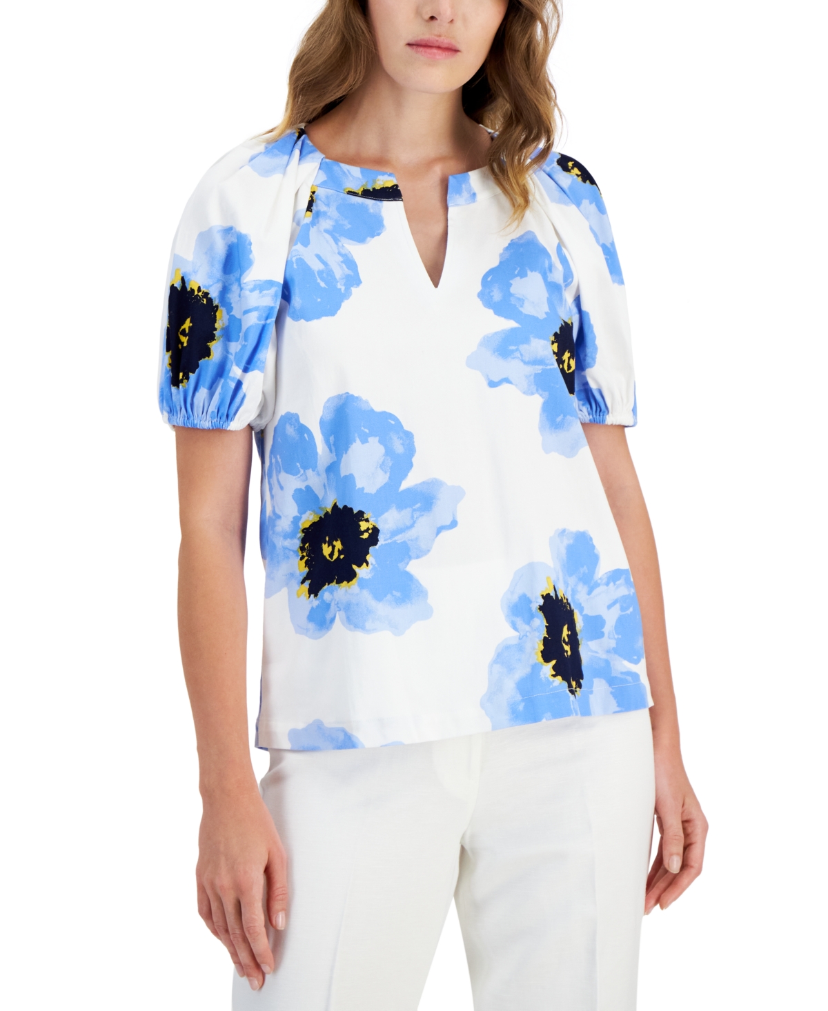 Anne Klein Women's Floral-print Puff-sleeve Blouse In Bright White,shore Blue
