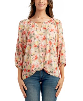 BCX - Juniors' Floral-Print Keyhole-Neck Peasant Top