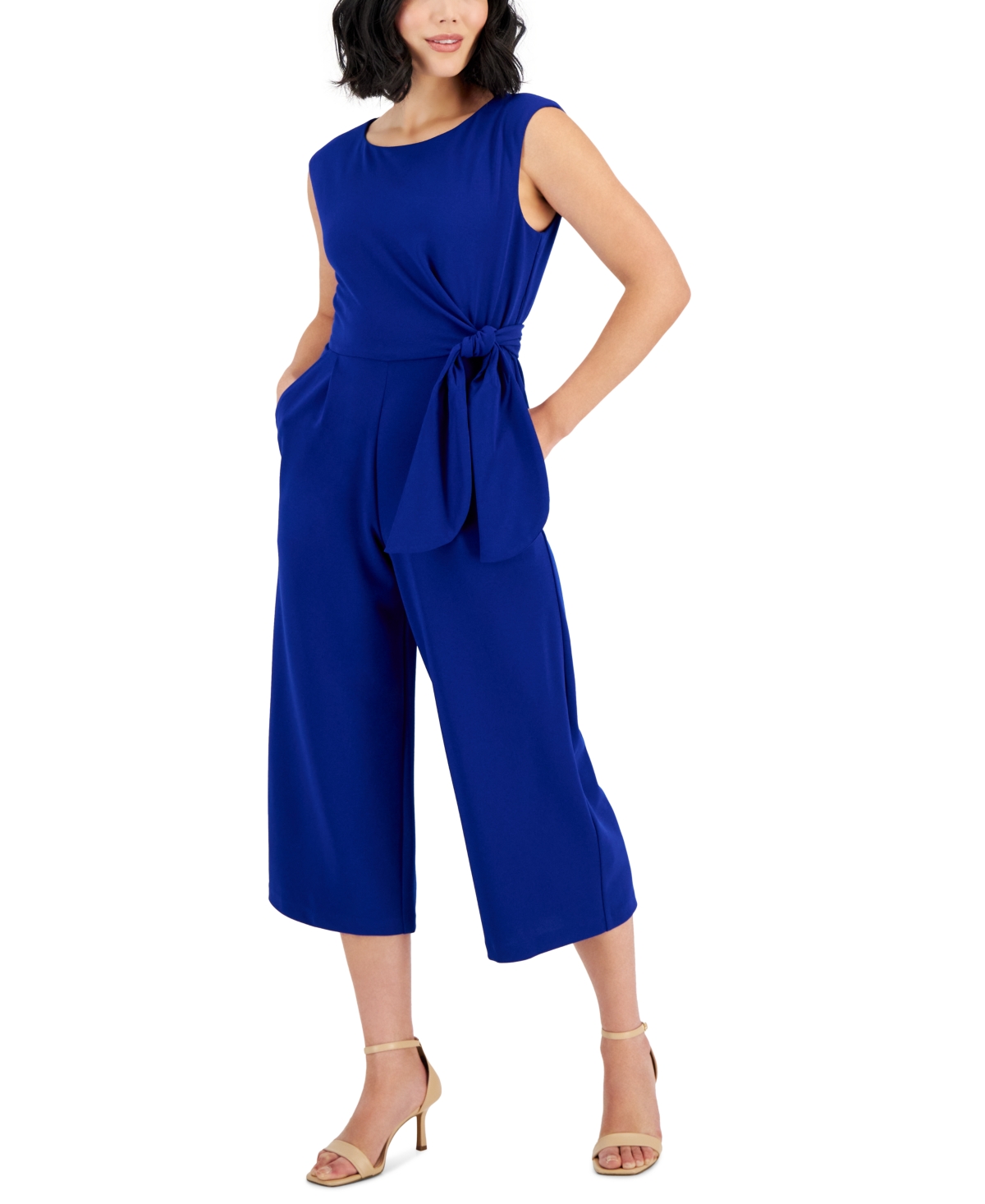 Tahari Petite Round-neck Sleeveless Side-tie Jumpsuit In Cobalt