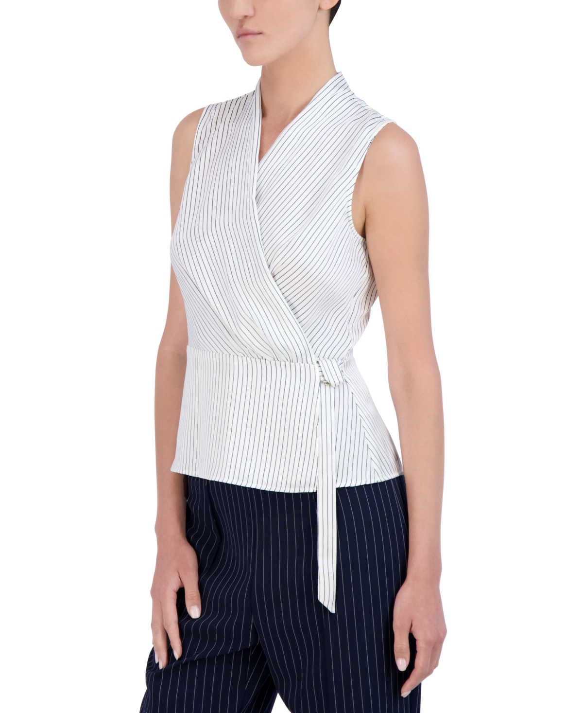 Shop Bcbg New York Women's Pinstripe Sleeveless Wrap Top In White,navy