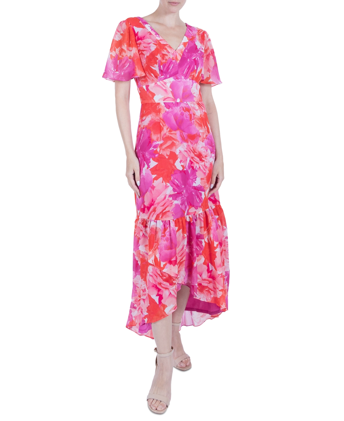 Women's Printed Flutter-Sleeve High-Low Maxi Dress - Pink Multi