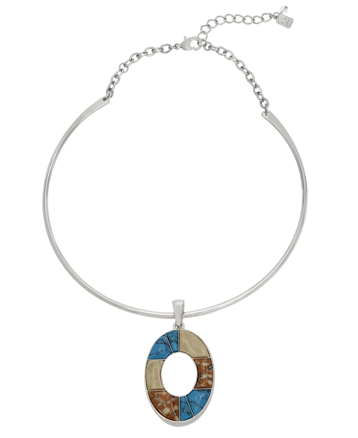 Semi-Precious Mixed Stone Oval Pendant Wire Necklace - Multi, Silver