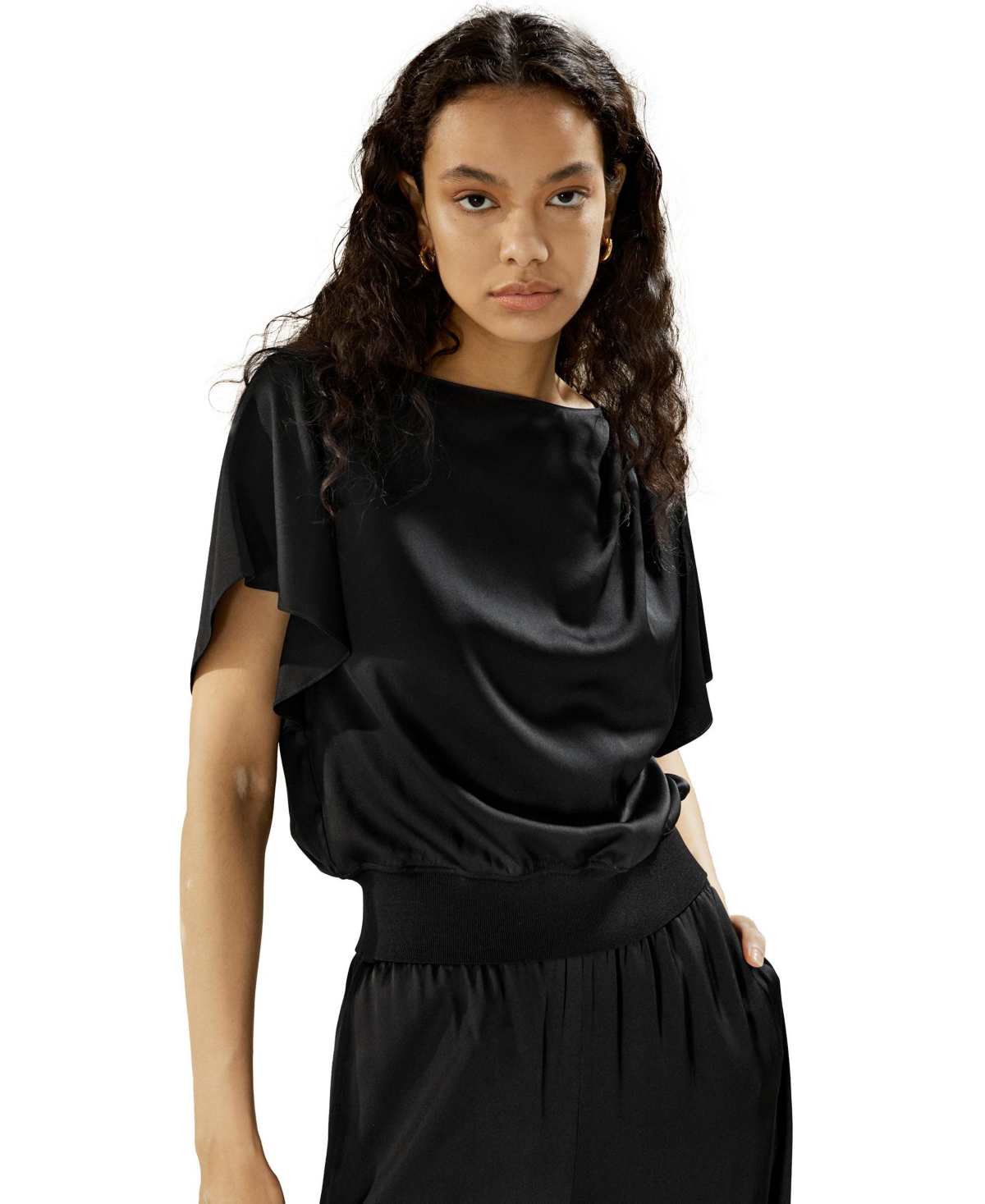 Short rippled batwing sleeves Silk Shirt for Women - Black