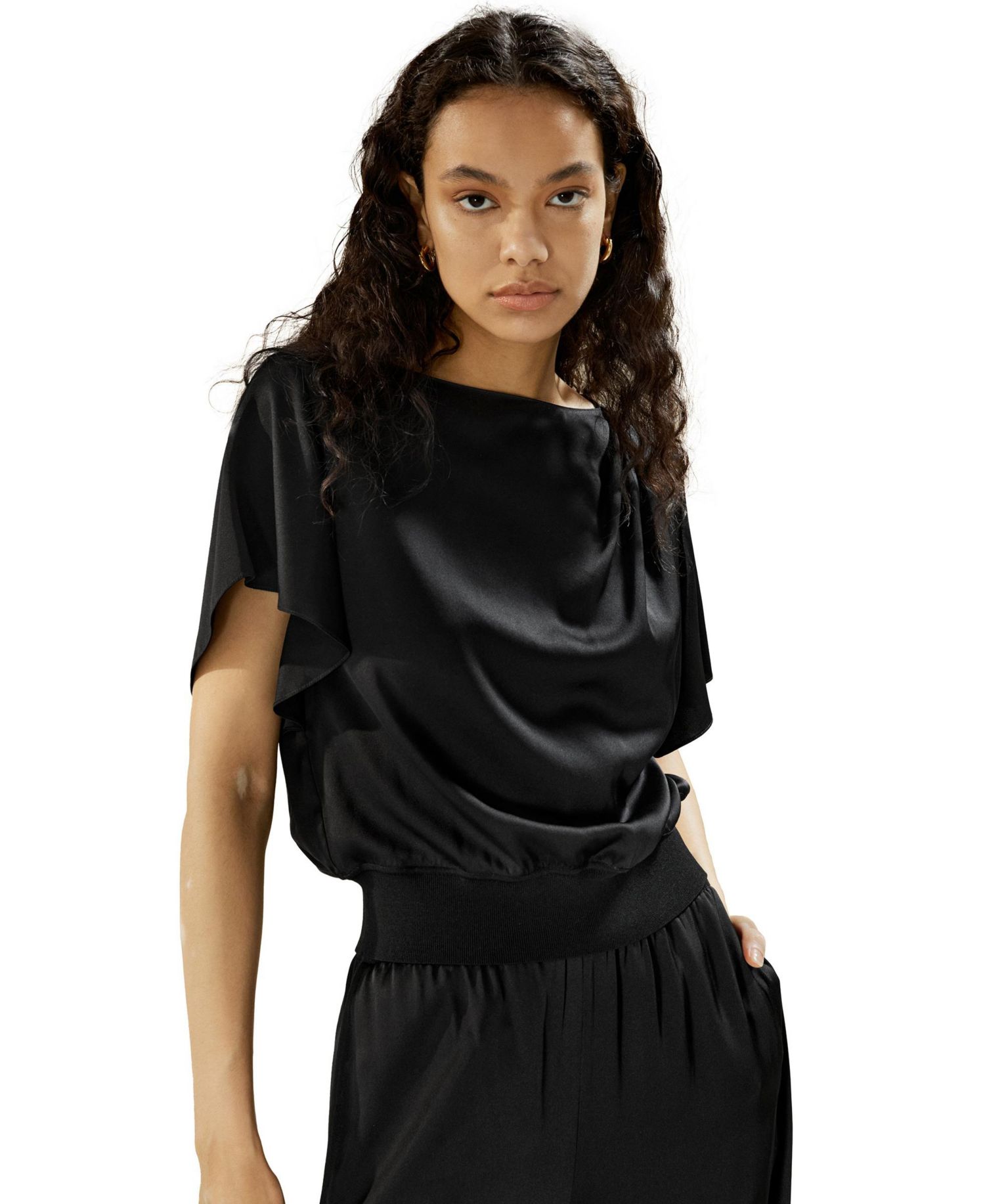 Women's Short Rippled Batwing Sleeves Silk Shirt