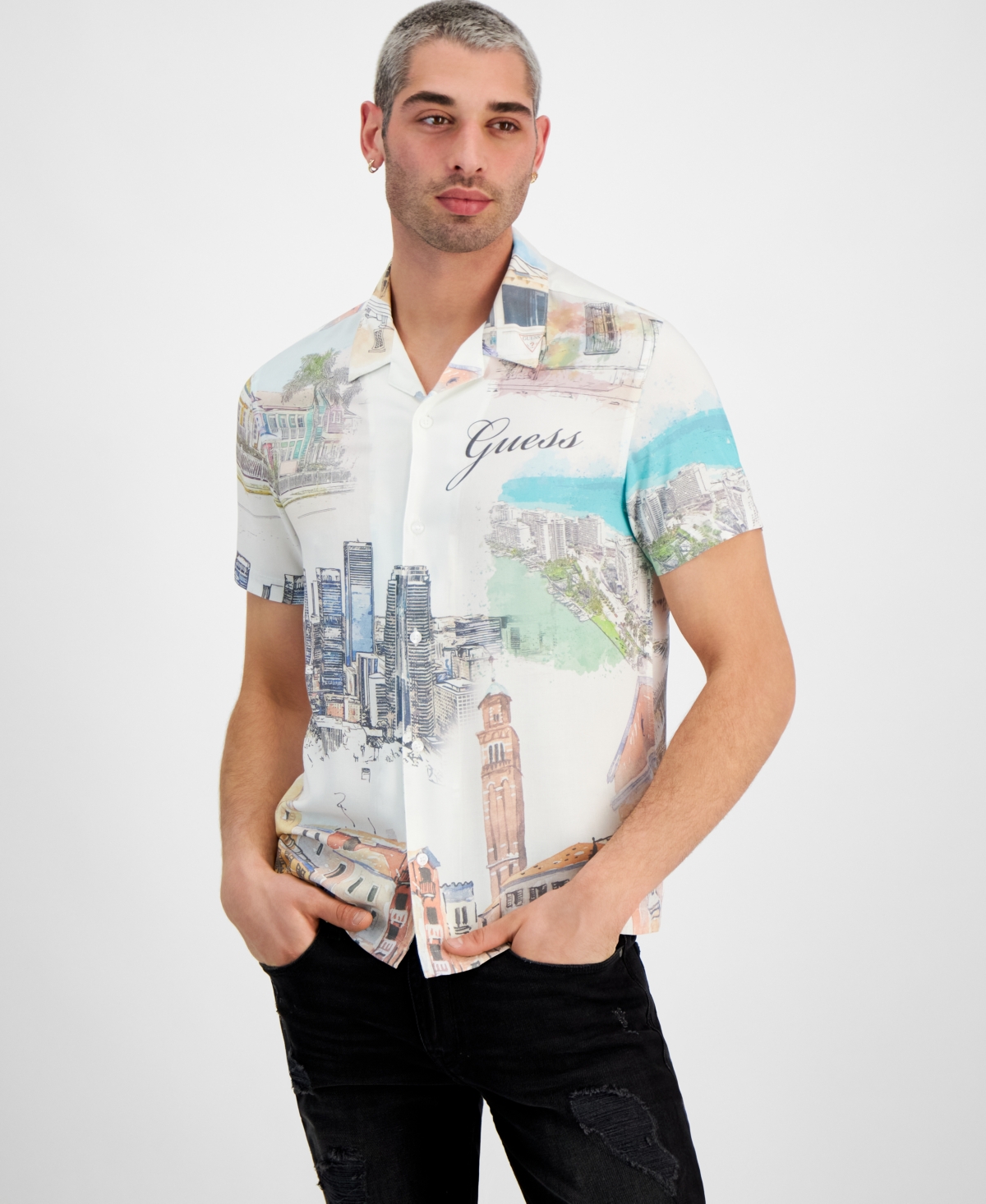 Guess Men's Regular-fit Riviera Graphic Shirt In Riviera Postcard