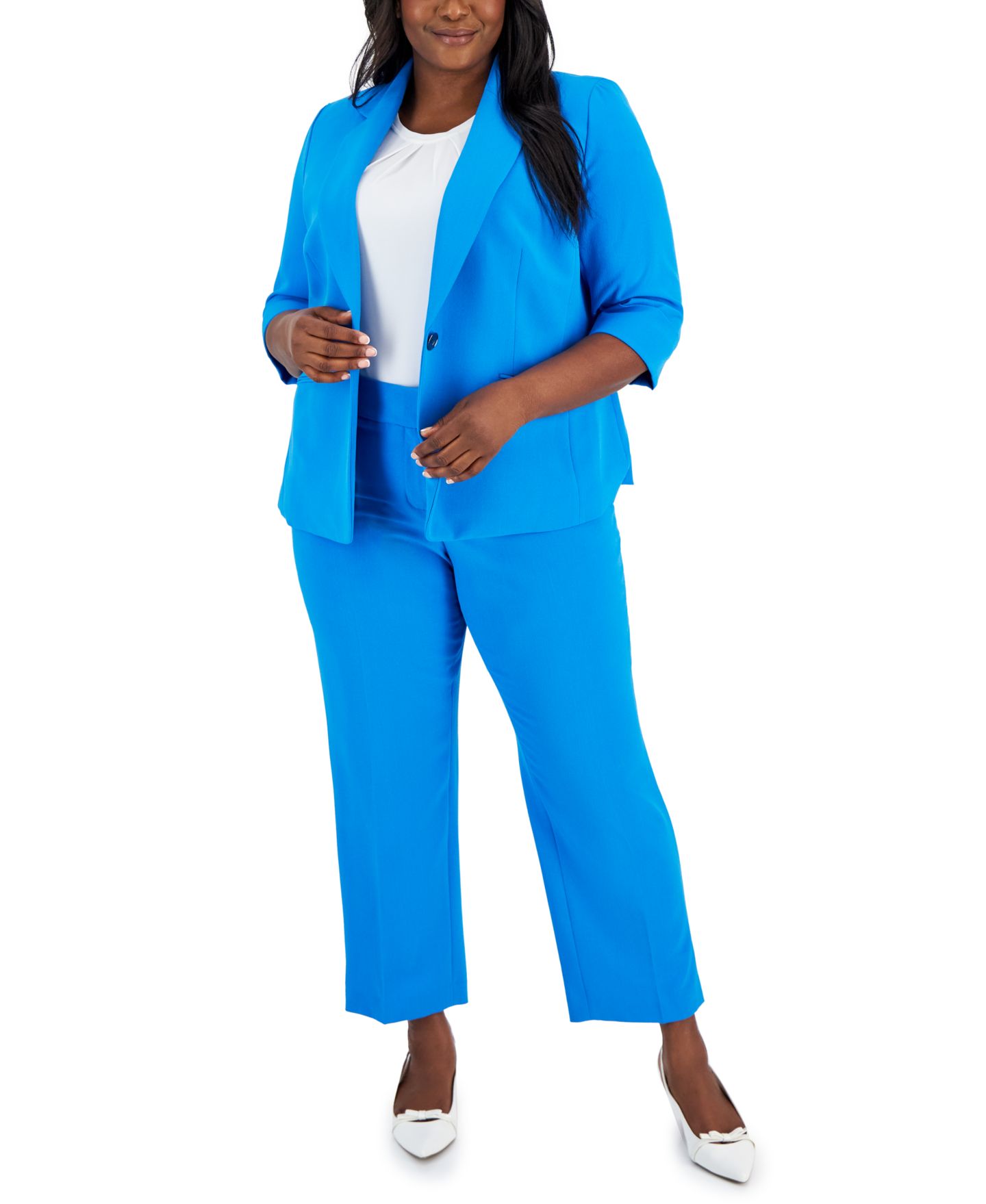 Женские комплекты Kasper Plus Size One-Button Jacket, Pleated Top & Ankle Pants, цвет: Чёрный — фото 1