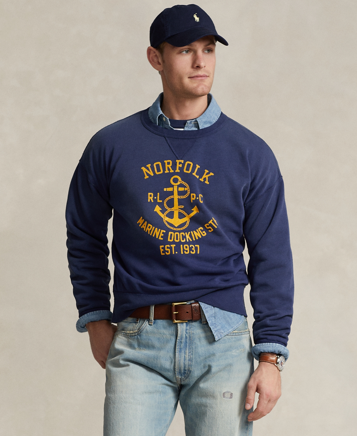 Shop Polo Ralph Lauren Men's Vintage-fit Fleece Graphic Sweatshirt In Dark Cobalt