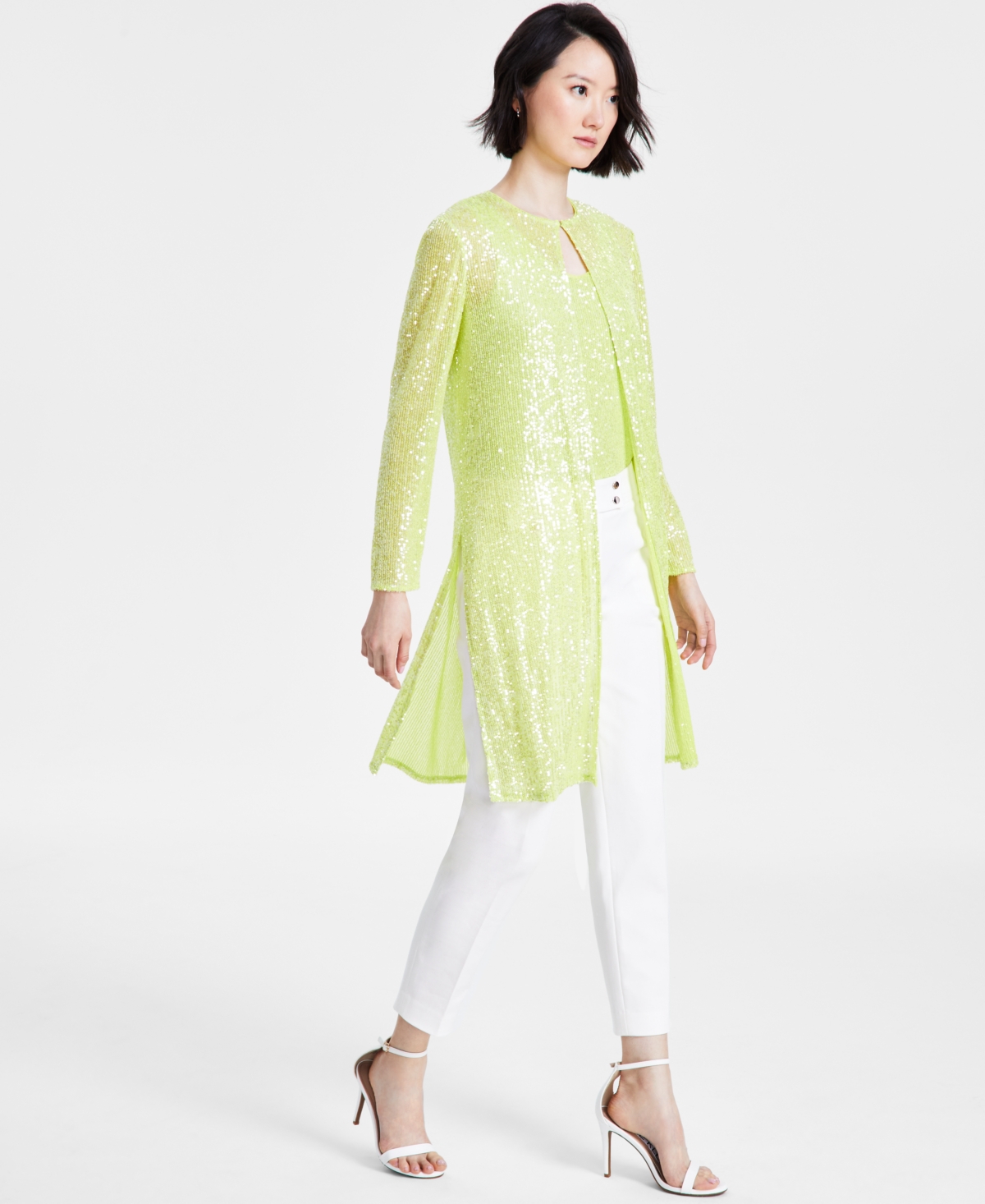 Anne Klein Petite Sequined Long Side-Slit Cardigan