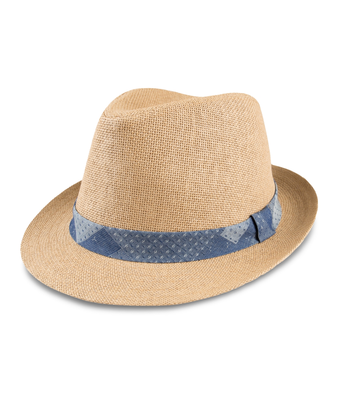 Men's Straw Fedora Hat with Denim Patchwork Band - Tan