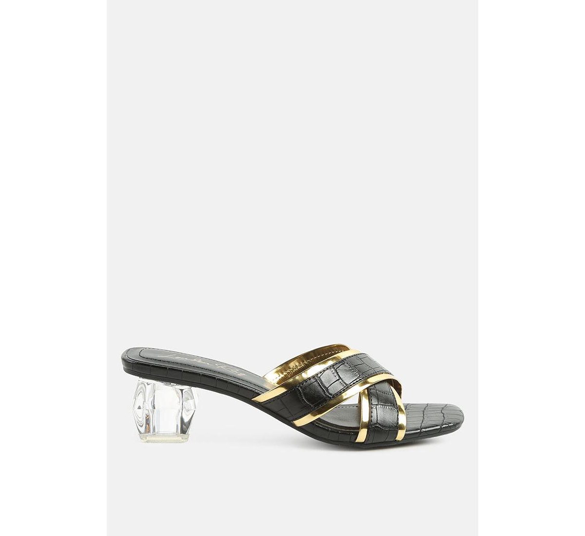 stellar gold line croc sculpted heel sandals - Black