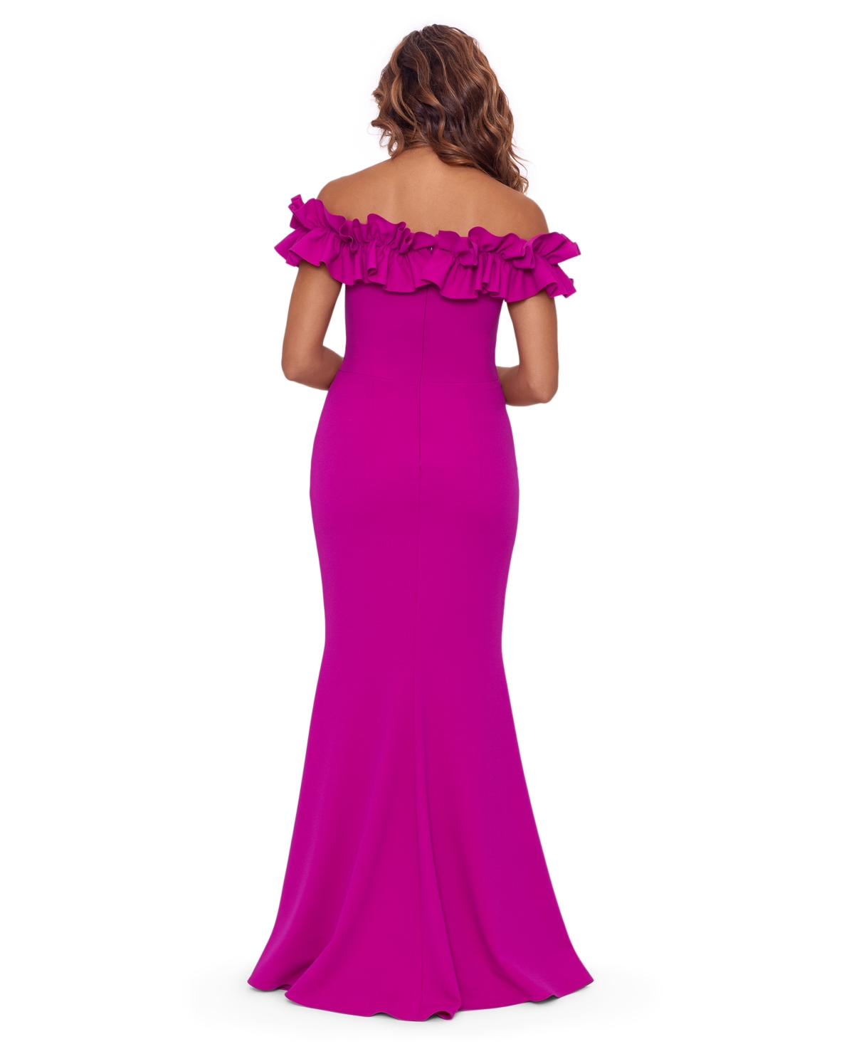 Shop Xscape Petite Ruffled Off-the-shoulder Gown In New Fushia