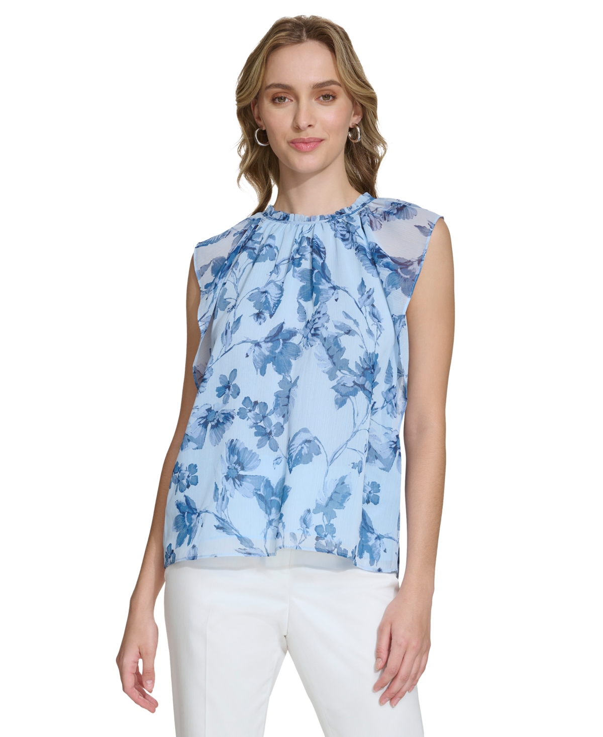 Calvin Klein Women's Printed Ruffled Sleeve Top In Breeze Multi