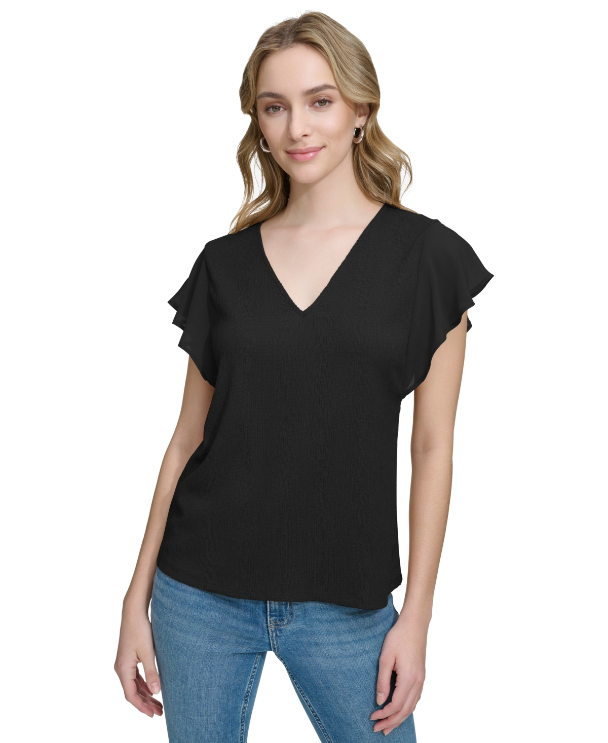 Shop Calvin Klein Women's Chiffon-sleeve Crinkle V-neck Top In Black