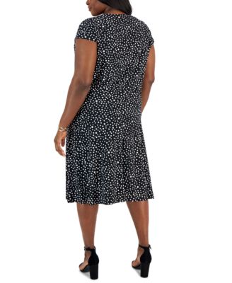 Shop Kasper Plus Size Polka Dot Cowlneck Top Flared Midi Skirt In Black,vanilla Ice