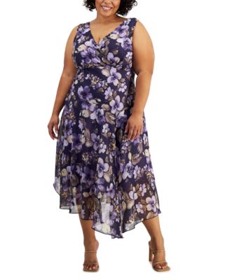 Connected - Plus Size Printed Surplice-Neck Handkerchief-Hem Dress