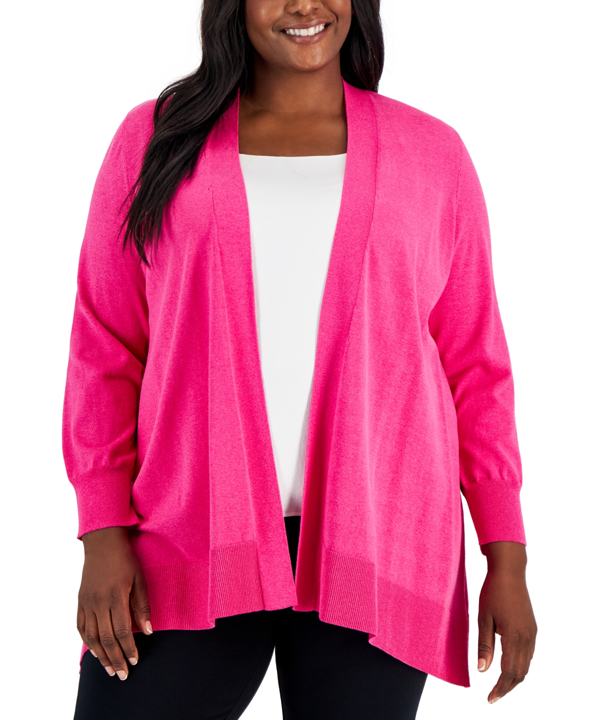 Shop Kasper Plus Size Asymmetrical-hem Cardigan In Pink Perfection
