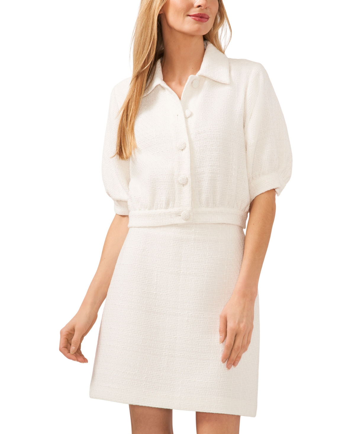 Women's Puffed-Sleeve Tweed Short-Sleeve Jacket - Ultra White